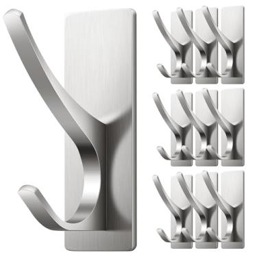 Imagem de Josmimic Pacote com 10 ganchos de toalha autoadesivos: Extra forte 5,9 kg, gancho inoxidável para pendurar bucha, toalhas, casaco, roupão de banho, chuveiro, níquel escovado