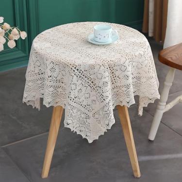 Imagem de Wuluwala Toalha de mesa quadrada pequena vintage de crochê com borlas, toalha de mesa de algodão feita à mão, toalha de mesa de renda de macramê para decoração de cozinha, estilo 3, 129,5 x 129,5 cm
