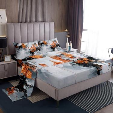Imagem de jejeloiu Jogo de lençol King King geométrico abstrato laranja preto cinza com bolsos profundos de 40 cm para meninos e meninas, arte moderna, decoração de quarto de microfibra, 4 peças com 2 fronhas