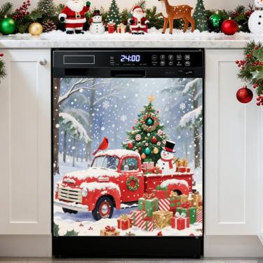 Imagem de Capa de ímã de lava-louças de árvore de caminhão de Natal, 58 cm L x 66 cm A, adesivos magnéticos de geladeira, painel magnético reutilizável, capa de decalque para máquina de lavar, geladeira