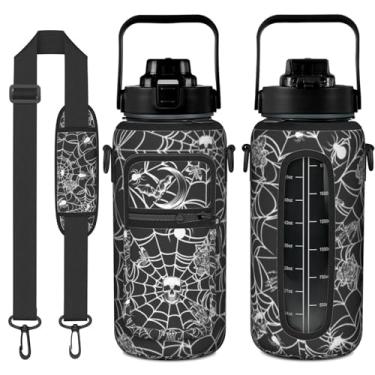 Imagem de Garrafa de água de 1,8 litro de Halloween com manga - Flip Top livre de BPA 1,8 g - Marcador de tempo motivacional à prova de vazamento - Presentes góticos de bruxa para mulheres - Teia de aranha para