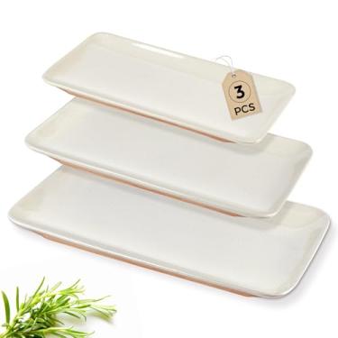 Imagem de AmorArc Travessa de cerâmica retangular de 40,6 cm/36,3 cm/32 cm para entretenimento em festas, bandejas de servir de grés para peru, salada, micro-ondas e lava-louças - conjunto de 3 - bege claro