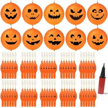 Imagem de 100 Pcs Halloween Punch Balloons Thickened Punching Balloon Heavy Duty Party Favors with Rubber Band Handle and Air Pump for Birthday Halloween Goodie Bag Stuffer Supply (Pumpkin Faces)