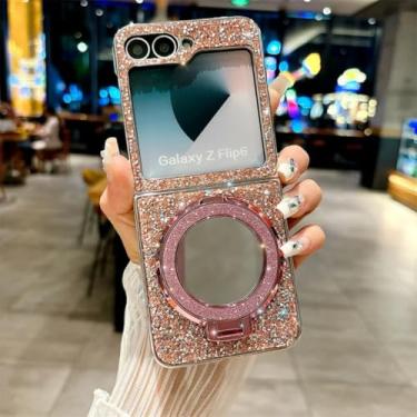 Imagem de Capa protetora de couro com suporte espelhado galvanizado para Galaxy Z Flip6 (para Galaxy Z Flip6/rosa)