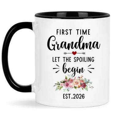Imagem de Caneca First Time Grandma Gifts, Promoted to Grandma Est 2026, Let the Spoiling Begin Black Handle Coffee Cup, New Grandmas to be Gift, Anúncio de Gravidez, Presente de Natal ou Dia das Mães