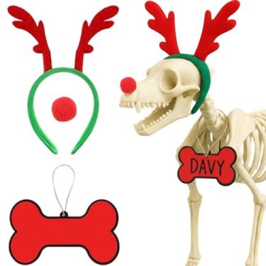 Imagem de Knitgrip Conjunto de acessórios de fantasia de cachorro esqueleto, chifres de rena gigante, crânio, nariz, coleira para pendurar, placa indicada para decoração de Natal, decoração de Natal, jardim ao