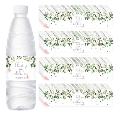 Imagem de 100 peças de etiquetas impermeáveis para garrafas de água de casamento, folha de eucalipto, rosa, cobre, envoltórios de garrafa de água, adesivos de mensagem personalizados para chá de bebê de