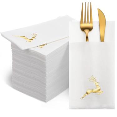 Imagem de Ctosree 50 guardanapos descartáveis de Natal com bolso embutido para talheres guardanapos de papel pré-dobrados em ouro branco textura de linho guardanapo de jantar descartável para talheres de festa
