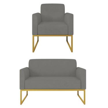 Imagem de Kit Namoradeira e 1 Poltrona Decorativa Base Industrial Dourada Maressa S08 Suede Grafite - Ibiza