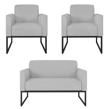 Imagem de Kit Namoradeira e 2 Poltronas Decorativas Base Industrial Preta Maressa S10 Suede Cinza - Ibiza