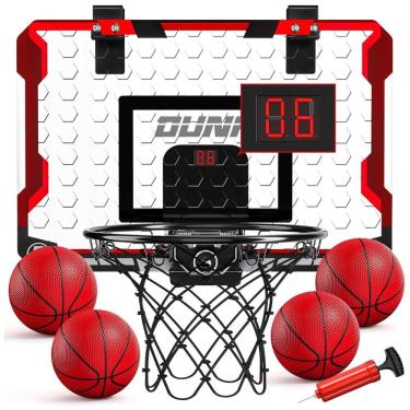Imagem de Mini Cesta de Basquete com 4 Bolas, Placar Eletrônico e Som de Torcida, Brinquedo Ideal para Crianças e Adultos, TEMI, Branco e Vermelho