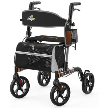 Imagem de Andador Dobrável para Idoso com Assento e Rodas para Todos os Terrenos, Aojin, Cinza