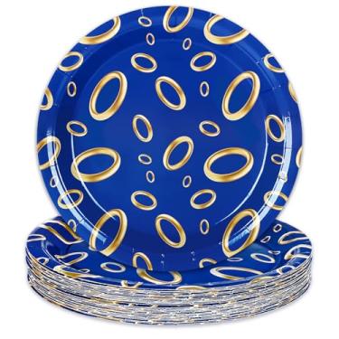 Imagem de Whaline 40 peças de prato de papel de ouriço de desenho animado anel de ouro azul prato descartável de videogame para aniversário suprimentos de chá de bebê, decoração de mesa, 18 cm