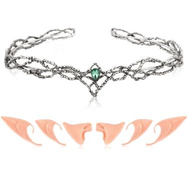 Imagem de Wecoe Conjunto de 3 pares de orelhas de elfo de fada com coroa, fantasia de elfo para festa de Halloween, cosplay e acessórios renascentistas (prata antiga, strass verde)
