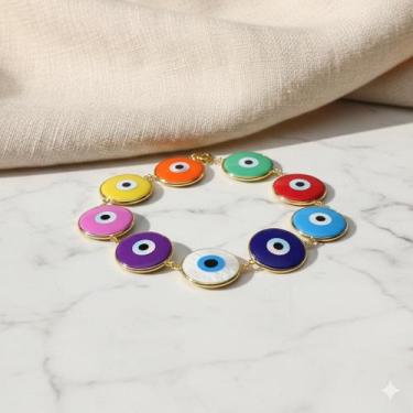 Imagem de Pulseira de Ouro 18k com Olho Grego Colorido de 15mm - no-brand