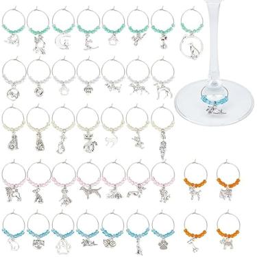 Imagem de 40 peças de pingentes de taça de vinho para cães, gatos, estilo tibetano, pingentes de liga de vidro, marcadores para taças de caule, degustação de vinho, presentes de festa, lembrancinhas