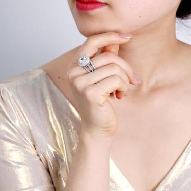 Imagem de Anel elegante com design de halo redondo e haste dividida com pedra central de zircônia cúbica branca/verde - detalhe de zircônia cúbica em forma de pêra, noivado, coquetel, joia de promessa para