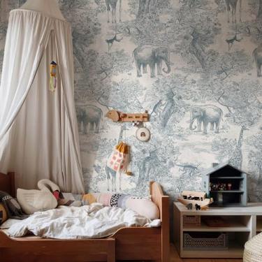 Imagem de Mural de parede animal vintage floresta selva papel de parede azul e branco linha mural descascar e colar papel de parede floresta (376 cm x 248.9 cm) elefante macaco girafa arte de parede para quarto