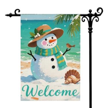 Imagem de Welcome Winter Garden Flag For Outside Winter Beach Snowman Blue Yard Decorative Flag Double Sided Seasonal Ocean Coastal Christmas Holiday Outdoor Decoration 12x18 polegadas (A620)