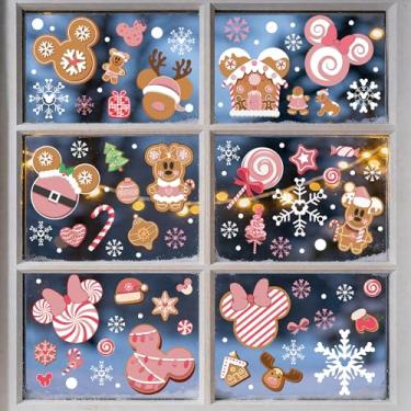 Imagem de Decorações de Natal para janela de gengibre - 12 folhas de adesivo de gengibre de Natal frente e verso rosa para decoração de janela, mouse, castelo, adesivos de floco de neve para decoração de casa