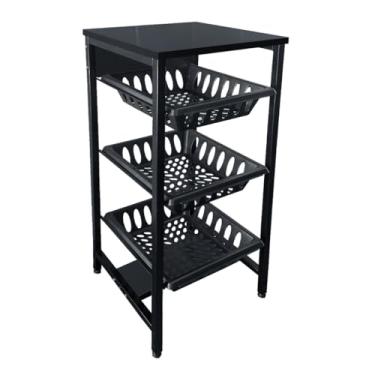 Imagem de Fruteira Multiuso De Chão Cozinha Preto Brilho Pés Regulavéis 3 Cestos Suporte Bebedouro MultiUso(PRETO/PRETO)