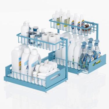 Imagem de Saydear Pacote com 2 prateleiras organizadoras sob a pia de 2 camadas de metal premium, altura ajustável, fácil instalação | Organizadores de cozinha e banheiro, azul-petróleo