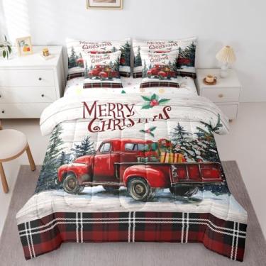 Imagem de Jogo de cama casal Merry Christmas, caminhão vermelho, 7 peças, lençol com elástico e lençol de cima, 2 fronhas, 2 fronhas, 2 fronhas