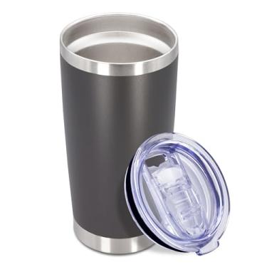 Imagem de Copo de café de 590 ml, copos de viagem a granel com tampa, aço inoxidável, parede dupla, isolados a vácuo, copos revestidos em pó, serve para porta-copos de carro para quente e frio - cinza, 1 pacote