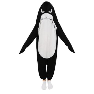 Imagem de ROC PARTY Pijama adulto de tubarão, roupa de dormir aconchegante de animal orca com capuz e barbatanas, roupa de dormir de uma peça de pelúcia macia para casa, descanso e fantasia divertida, preto