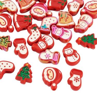 Imagem de KISSITTY 24 peças de contas de acrílico de Natal com esmalte, formas mistas, Papai Noel, boneco de neve, luvas de árvore de sino, contas de Natal, festivais de inverno, contas de plástico, espaçador