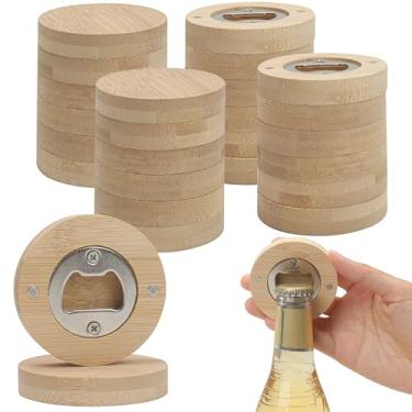 Imagem de Abridor de garrafas de bambu, abridores de madeira a granel de madeira, abridor de cerveja redondo com ímã de geladeira, adesivo magnético de 6,6 cm para geladeira, decoração de bar, porta-copos
