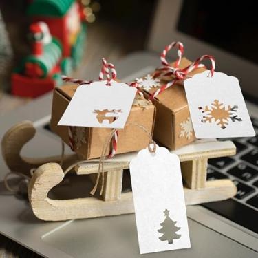 Imagem de 150 etiquetas de presente de papel de Natal, etiquetas Kraft brancas penduradas, árvore de Natal, design de floco de neve de rena com barbante de 30 metros para presente de Natal, lembrancinha de