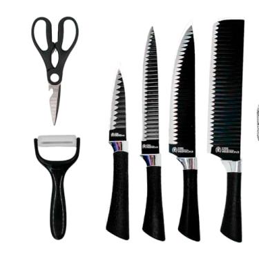 Imagem de Conjunto de Facas Profissional, 6 Peças em Aço Inox com Cabo Preto, Inclui Tesoura e Descascador, Lâminas Antiaderentes para Cozinha, 22x35x3cm