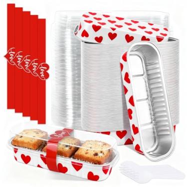Imagem de FYSUIMU 100 miniformas de pão para Dia dos Namorados com tampas e garfos, mini formas de bolo, branco, vermelho, coração, retangular, folha de alumínio, para muffin, ramequins e artigos de piquenique