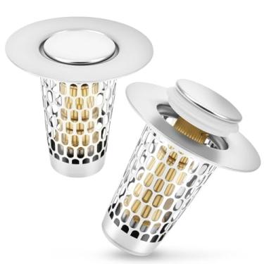 Imagem de 2 peças de rolha de ralo de pia de banheiro, rolha de ralo de pia pop-up com cesta de filtro de aço inoxidável removível, coletor de cabelo de pia de banheiro, substituição de rolha de pia para