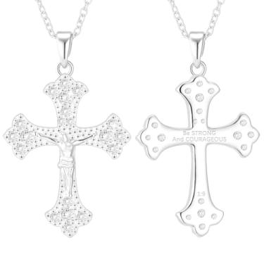 Imagem de Colar de cruz para mulheres, banhado a ouro 18 K, pingente de cruz de Jesus, joias de presente de aniversário para mulheres e meninas 40,6 + 7,6 cm, 1:9, Ouro, Zircônia cúbica