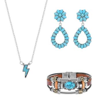 Imagem de Kezoic Conjunto de 3 peças de joias turquesa, colares, brincos e pulseira ocidentais para mulheres, Medium, Zinco, Turquesa