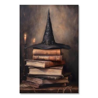 Imagem de Moody Vintage Halloween Witch Hat On Magic Books and Near Candle Canvas Print Vintage Witchy Spells Wall Art Decorações de festa de Halloween rústico gótico para decoração de quarto 20 x 30 cm sem