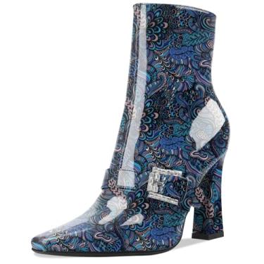 Imagem de Perisis Botas de cano curto, salto alto, grosso, preto, bico quadrado, fechado, curto, com zíper lateral, salto de 10 cm, padrão de crocodilo para mulheres e mulheres sexy, Patente de flor azul, 8.5