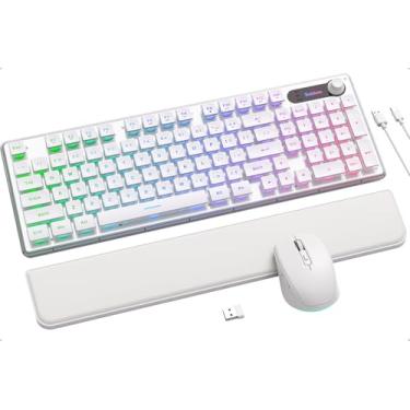 Imagem de Combo de teclado e mouse sem fio com descanso de pulso, painel de metal, teclado recarregável de 2,4 GHz para Windows, PC, Laptop-SABLUTE (branco)