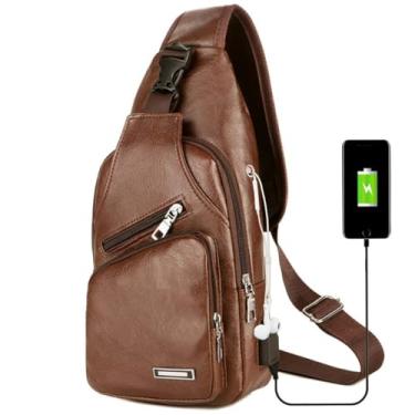 Imagem de Bolsa de Peito Poliuretano Transversal Masculina Couro PU com Buraco para Cavo Fone Ouvido Interface USB Externa Nylon Superior Trabalho Detalhado Funcional Escola Atividades Negócios Viagens