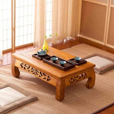 Imagem de Mesa de chá de tatame japonês, mesa de chão de janela de madeira com entalhe tradicional | Mesa baixa de madeira maciça para sala de estar e varanda criativa |Sem montagem com bordas lisas pequena