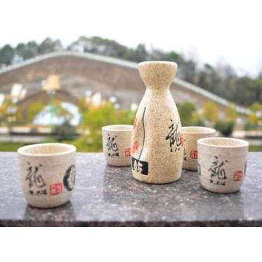 Imagem de JOEUQK Conjunto de copos de saquê japonês, 5 peças, cerâmica, cerâmica, tradicional, artesanato, taças de vinho, conjunto de saquê japonês com 1 garrafa de saquê e 4 copos de saquê, A