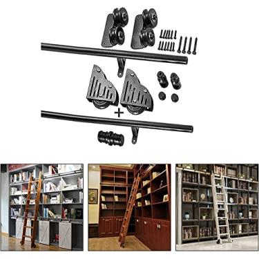 Imagem de Kit de porta de celeiro deslizante de 1 a 6 m, biblioteca de escada deslizante, conjunto completo de trilhos de rolamento (sem escada), trilho de escada rolante de tubo redondo de aço com rodízios de