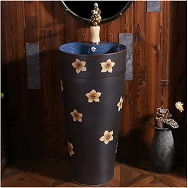 Imagem de Pia de lavatório de casa de banho artística com pedestal completo Pia de lavatório de cerâmica tradicional com pedestal completo e um orifício de torneira Bacia luxuosa Unidade de lavatório de chão