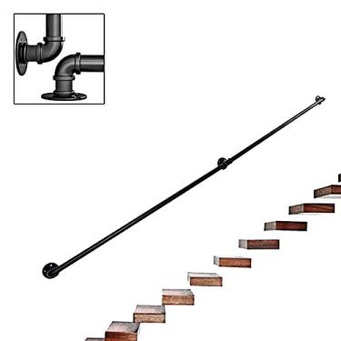 Imagem de Corrimão de escada - kit completo. Tubo de ferro de vento industrial para idosos, para corredor interno e externo, sótão, preto (tamanho: 3 m)