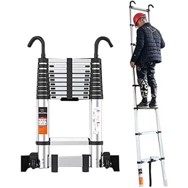 Imagem de OKUOKA Escada telescópica de 7 m/6 m/5 m/4 m/3 m/2 m, escada de extensão dobrável de alumínio com barra estabilizadora e ganchos, escadas telescópicas multiuso, cargas 200 libras (tamanho: 4,7 m/4,7 m