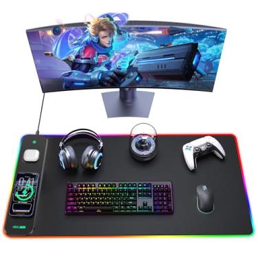 Imagem de abc.mat Mouse pad 3 em 1 RGB para jogos com carregamento magnético sem fio, 80 cm x 40 cm grande, 24 efeitos de luz, base antiderrapante, superfície ultra suave à prova d'água, com adaptador