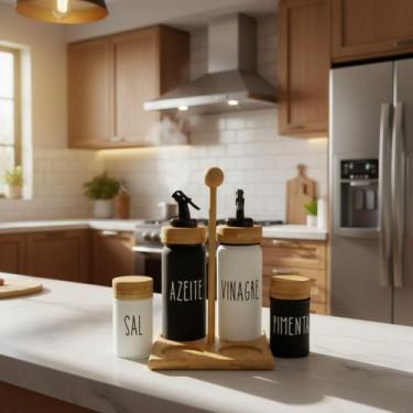 Imagem de Galheteiro Doha 5 Peças  Vidro Premium e Suporte de Bambu Sustentável 