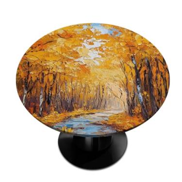 Imagem de hongjinglin Toalha de mesa redonda com borda elástica floresta dourada outono toalha de mesa redonda limpa para ambientes internos e externos, pátio, sala de jantar, cozinha, decoração para mesas de